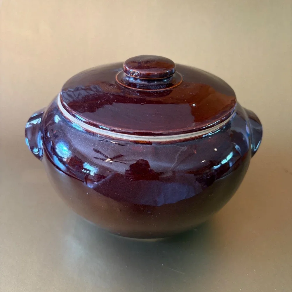 Vintage USA Pottery Brown Glazed Bean Pot with Lid Stoneware Casserole Dish 8in